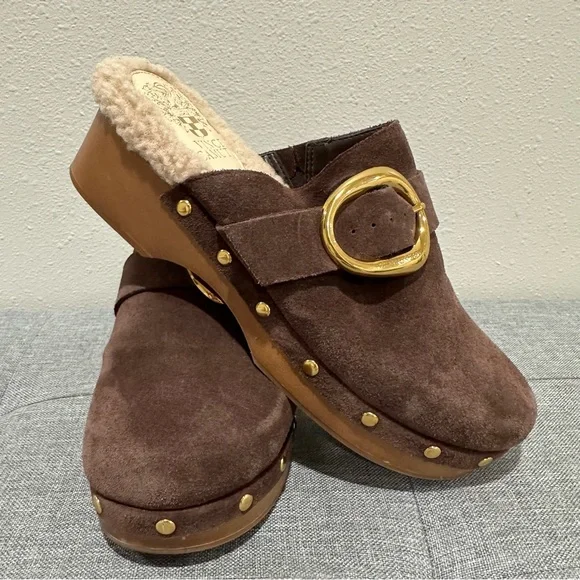 Vince Camuto Canzenee Chocolate Suede Mules with Gold Buckle - Picture 10 of 10